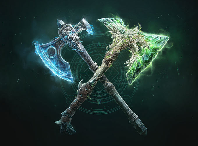Image of loot weapon skin. Two axes crossed in an X one glowing green one glo